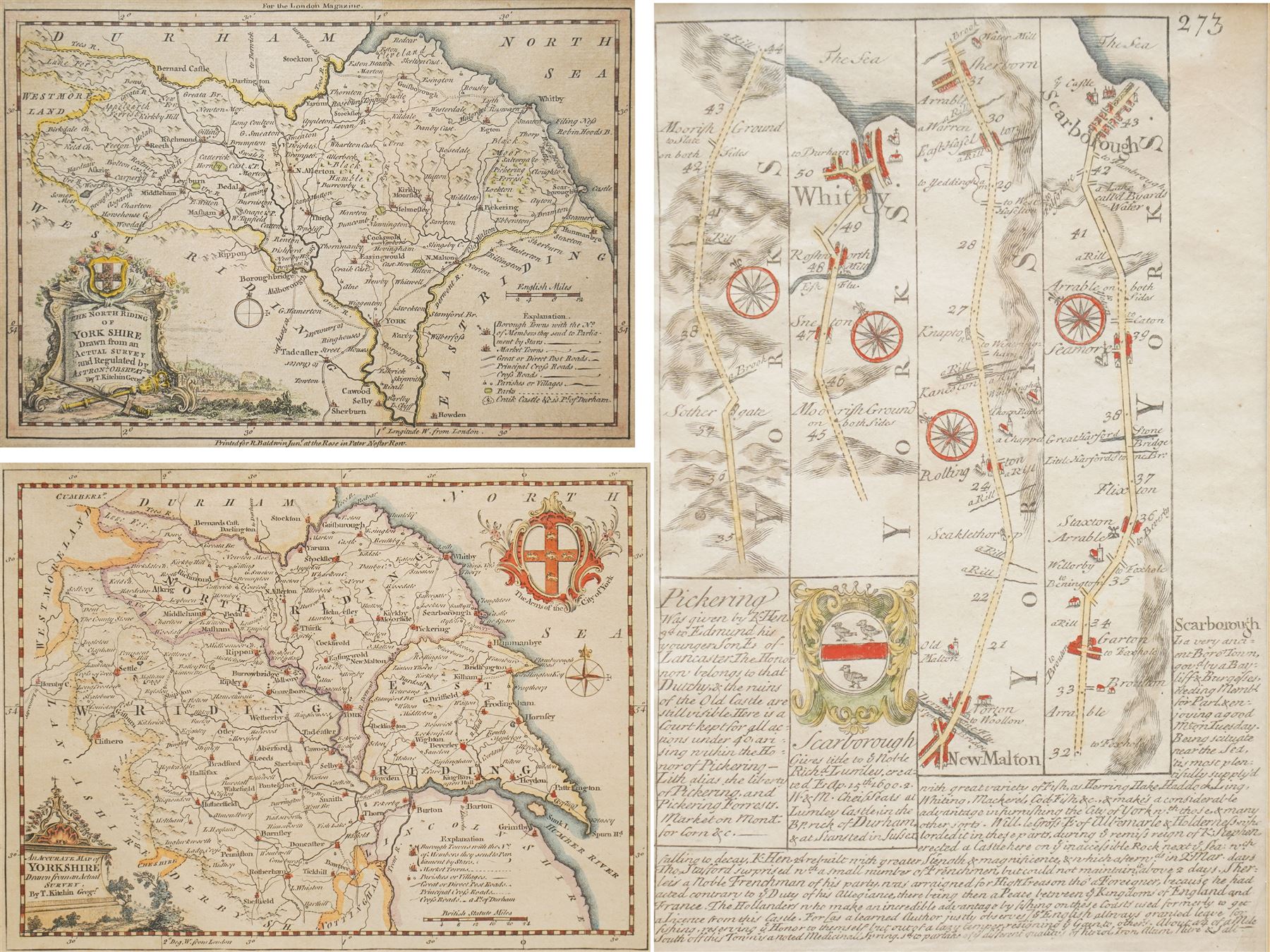 Thomas Kitchin (British 1719-1784): 'An Accurate Map of Yorkshire' and 'The North Riding of Yorkshire', two 18th century engraved maps with hand-colouring, together with an Owen & Bowen strip map of Pickering to Scarborough max 19cm x 24cm (3)