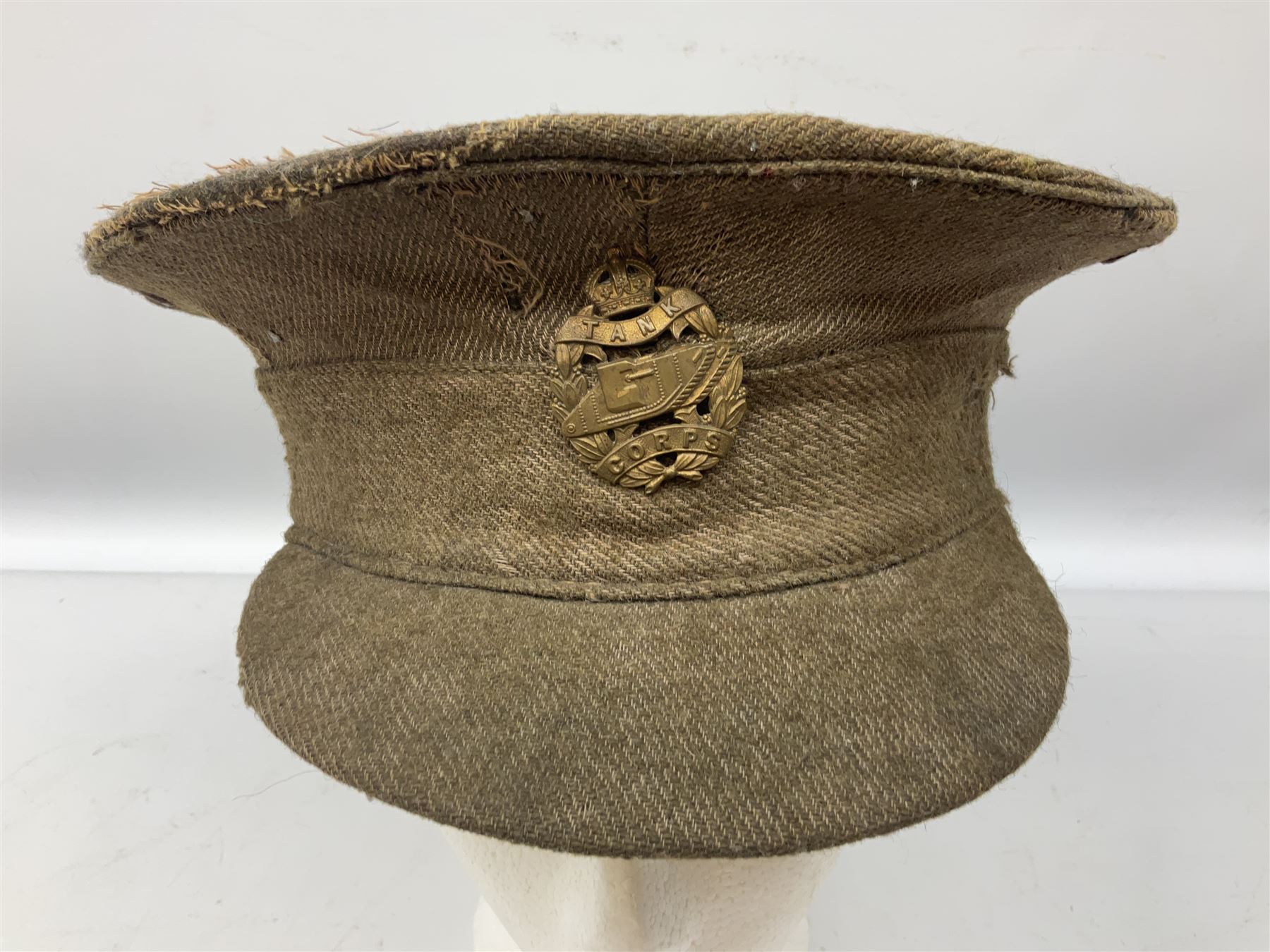 WW1 British Army stiff trench cap with Tank Corps cap badge