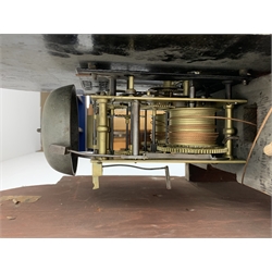 George III mahogany longcase clock, the hood with stepped moulded arch pediment above glazed door, fret work grille to each side, figured trunk door and base, enamel Arabic dial painted with country house scene and floral spandrels signed 'S. Wright, Watford', subsidiary seconds dial and date aperture, eight day movement striking the hours on bell, H212cm (two weights and pendulum)