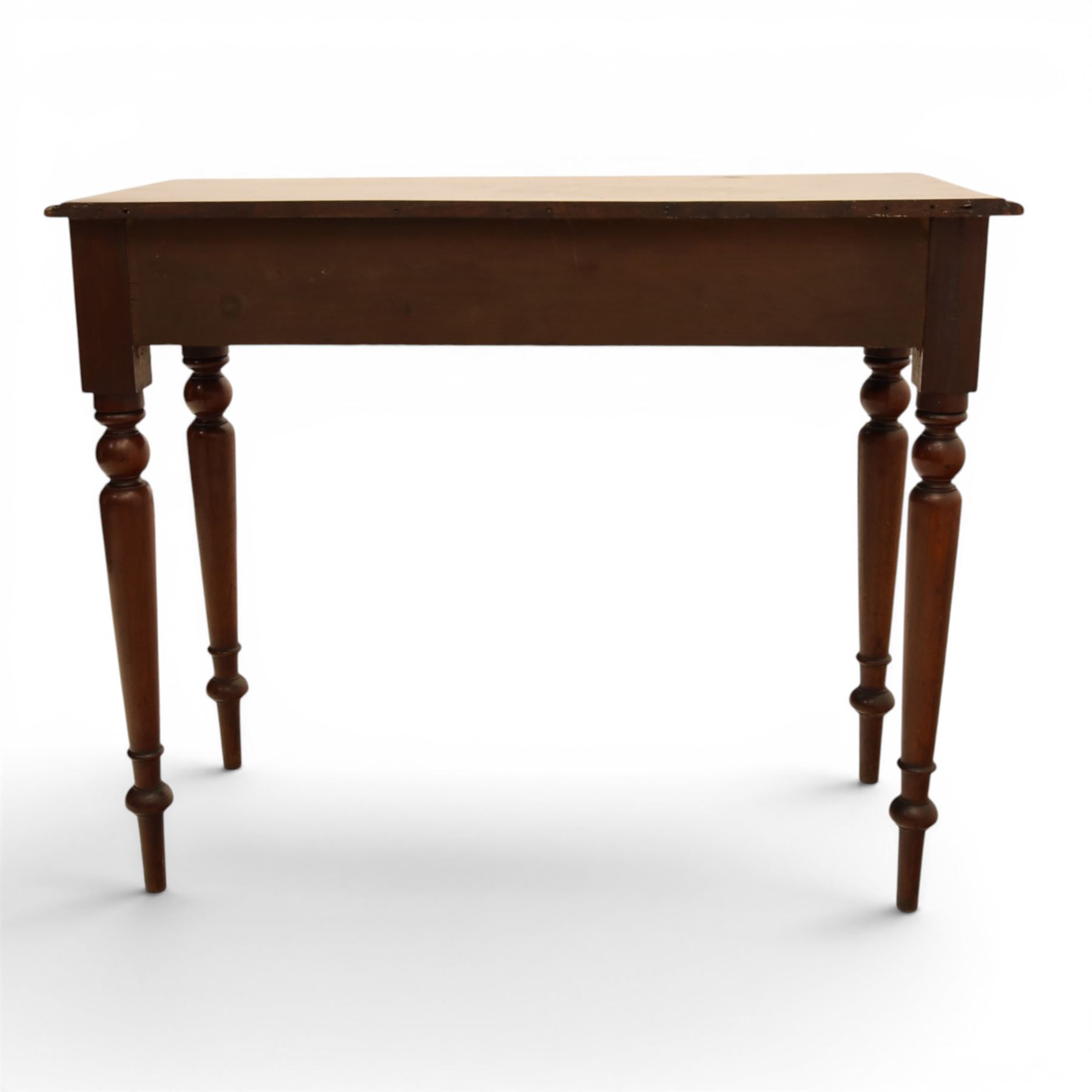 Mahogany living room furniture; mahogany console table and square upholstered mahogany stool, with hidden frieze drawer, raised on turned supports (Stool H 57cm, W 40cm)
