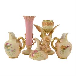 Royal Worcester Blush Ivory, comprising reticulated pot pourri jar upon eagle support, wit...