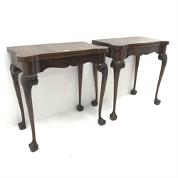 Pair 20th century inlaid mahogany card tables, inset green baize interior, carved cabriole legs on claw and ball feet, W76cm, H75cm, D85cm