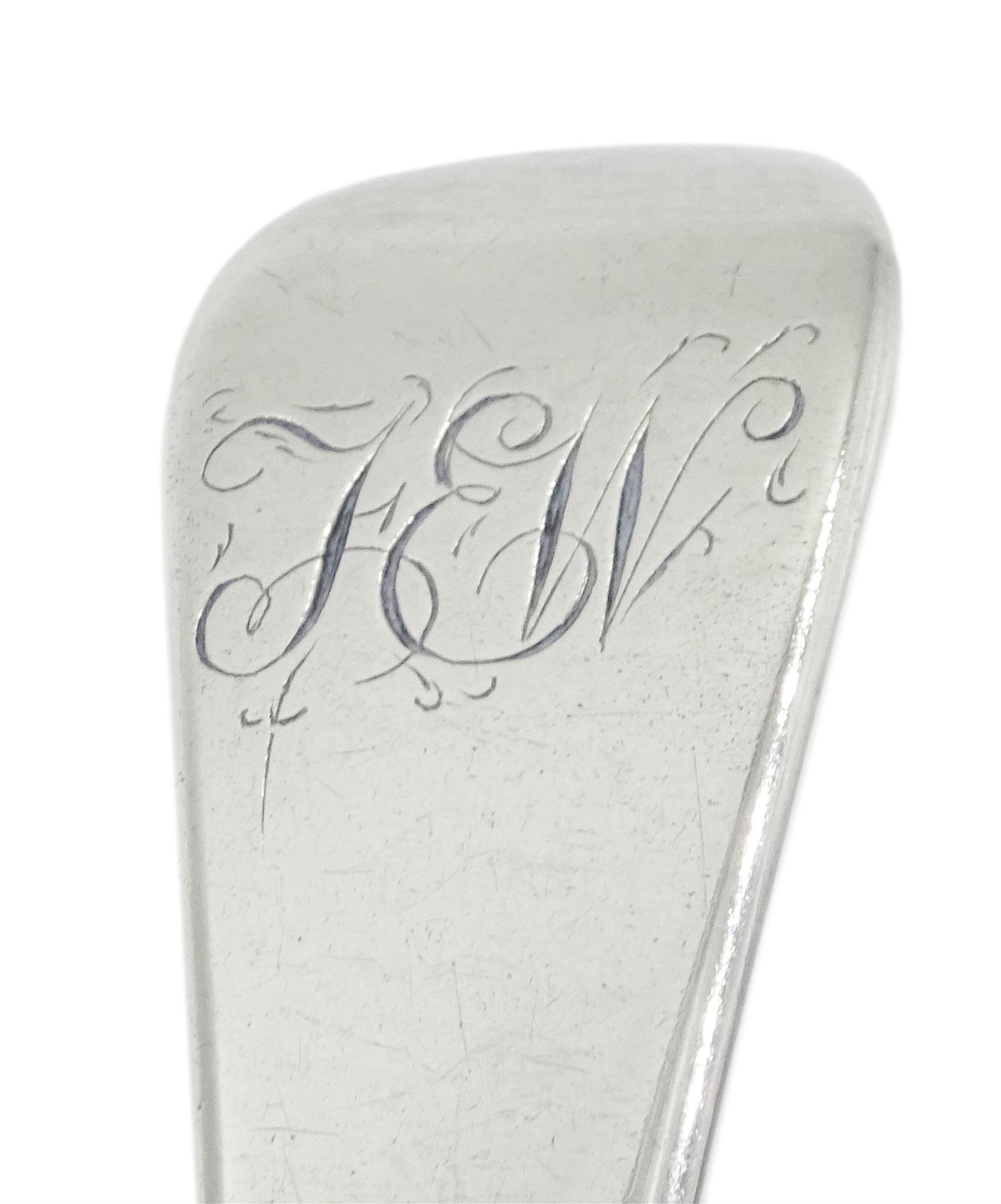 Set of four Georgian silver Old English pattern table spoons with engraved monogram to terminals, hallmarked George Wintle, London 1806, approximate weight 9.77 ozt (304 grams)