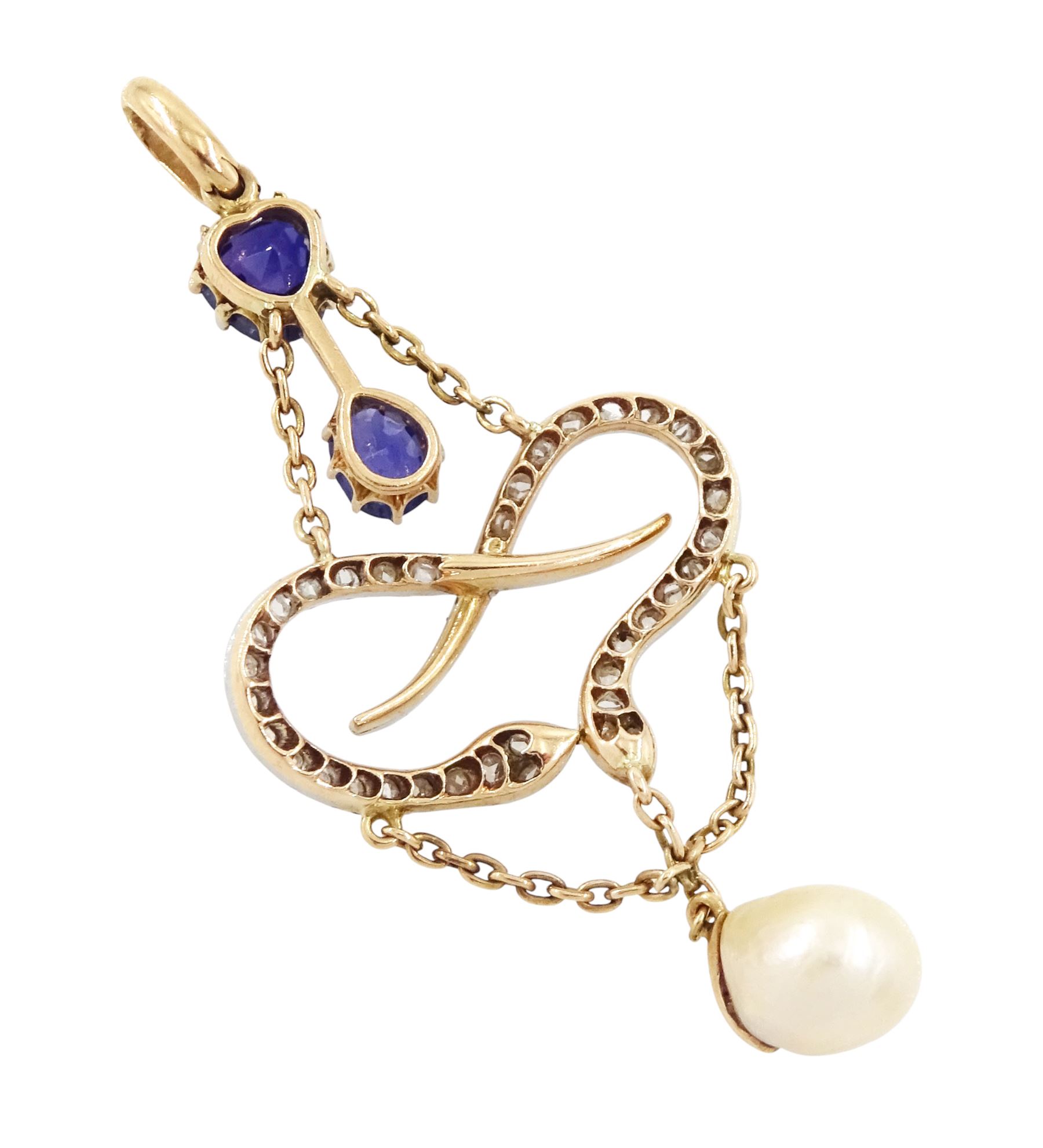 Early 20th century 15ct gold and platinum sapphire, pearl and diamond pendant, single white / cream pearl, suspending from two intertwined snakes set with rose cut diamonds, to a heart cut and an oval cut sapphire top