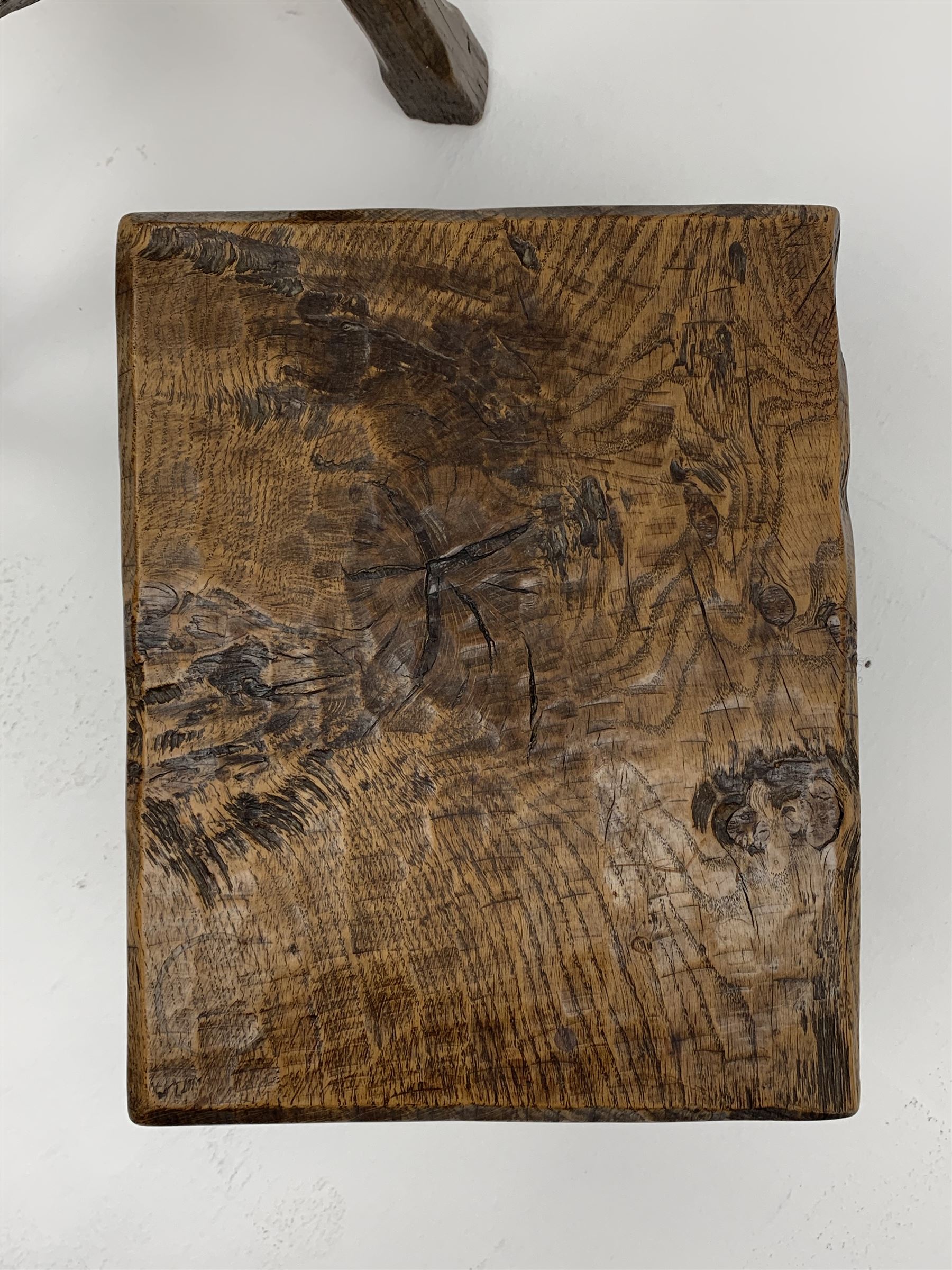 Collection of three mid 20th century stools by Jack Grimble of Cromer - rectangular tooled oak seat on four splayed supports (38cm x 31cm, H35cm), circular tooled burr oak seat on three supports (D29cm, H35cm), shaped burr top on three supports (L44cm, H45cm), each signed underneath