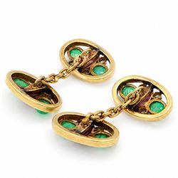 Pair of 18ct gold ruby, emerald and diamond cufflinks, each head openwork set with two oval cabochon cut emeralds, four milgrain set round cut diamonds and a marquise cut ruby  