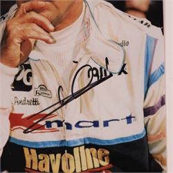 Signed Formula 1 memorabilia, including 1973 Milestones magazine signed to the front cover by Graham Hill and three signed photographs comprising Jackie Stewart, Jack Bradbury and Mario Andretti, with certificate of authenticity from Chaucer Auctions