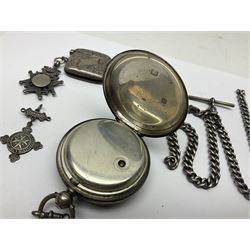 Edwardian silver open faced lever pocket watch, with subsidiary seconds dial, by WE Watts Nottingham, hallmarked William Ehrhardt, Birmingham 1906, together with a silver Albert chain, silver tiger's eye unicorn fob, and a silver vesta case with double sided fob, all hallmarked 