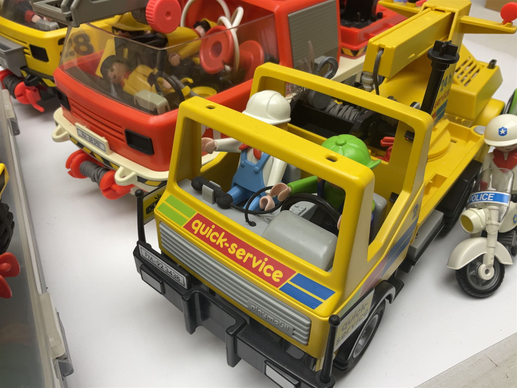 Collection of 1980s/90s Playmobil - vehicles including Fire-Engine No.21, Mobil Crane No.28, Quick Service Truck No.1 with trailer, Dumper Truck, GSL Sports car, GS Turbo car and three motorcycles; together with boxed Knights Tournament Set, Playmospace Space Station and Shuttle, wigwam and various accessories and figures etc