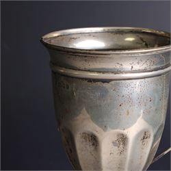 1930s silver trophy cup, of typical part fluted form with presentation engraving to body, with twin handles, one broken loose, hallmarked 	Charles Boyton & Son Ltd, London 1931, H21cm