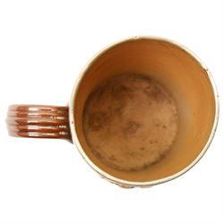 Early 20th century Royal Doulton stoneware tankard harvest tankard, with silver rim, inscribed 'Sidney Hardwick From Capt. Pope 1907', H13.5cm