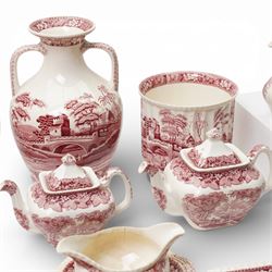 Large quantity of Masons Ironstone 'Vista' pattern tablewares, comprising three teapots, three serving dishes, three jugs, twenty two plates of various sizes, etc, together with a small collection of Spode 'Pink Tower' pattern wares