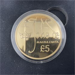 Queen Elizabeth II Bailiwick of Guernsey 2015 'The 800th Anniversary of the Magna Carta' gold proof five pound coin, cased with certificate