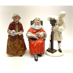 Four Royal Doulton figures, comprising the Wigmaker of Williamsburg HN2239, The Judge HN2443, The Laird HN2361, and Teatime HN2255.