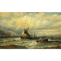 William Anslow Thornley (British fl.1858-1898): Busy Estuary with Hay Barge and fishing boats, oil on canvas unsigned 25cm x 39cm