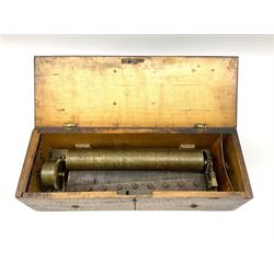 Mid-19th century musical box, the key wind movement inscribed twice 'BB' (Behrens Blumberg et Cie Sole Agents for LeCoultre) with elm veneered case, 30cm cylinder and steel comb with eighty-two teeth, probably playing six airs no.13640 L45cm