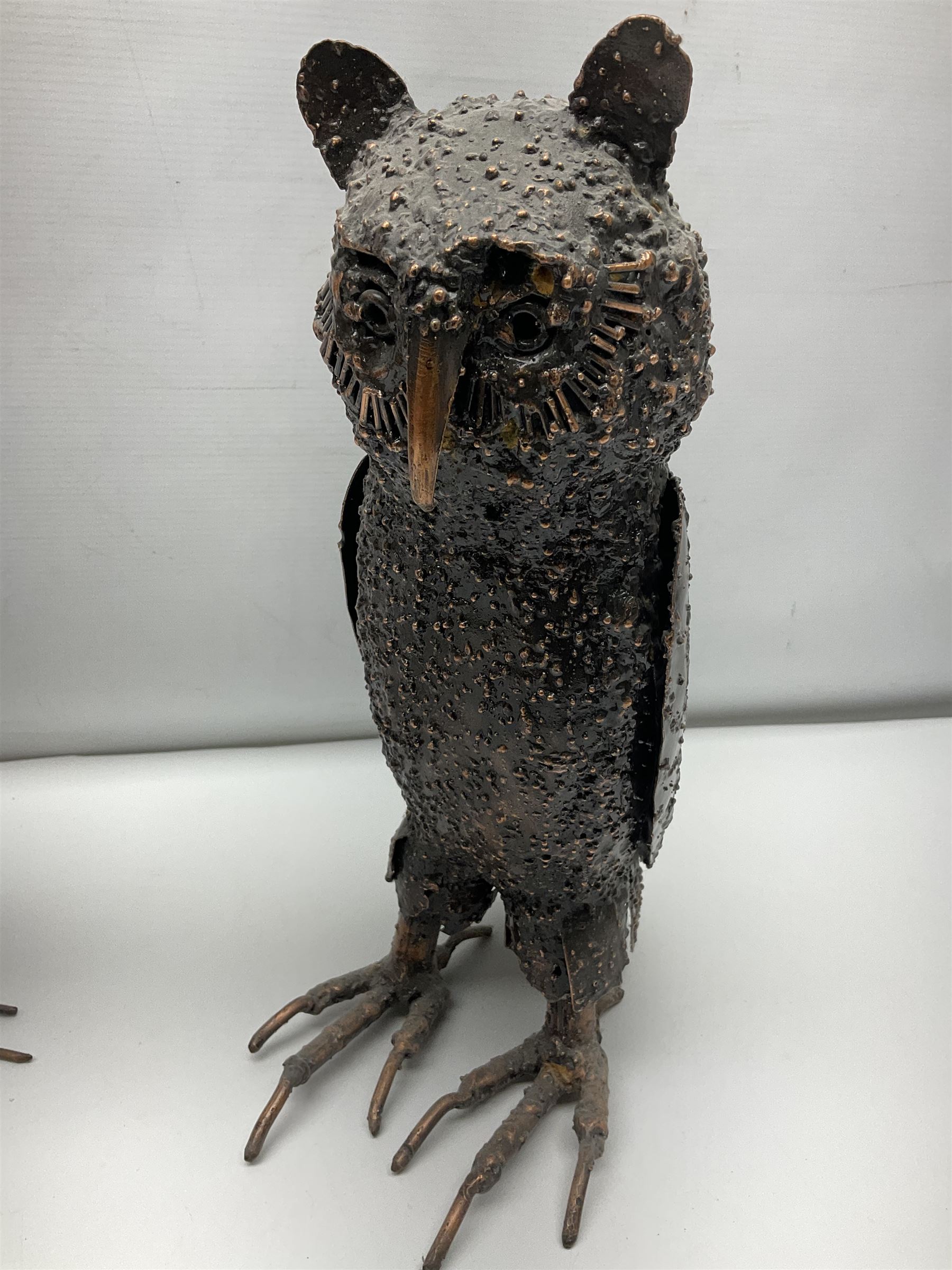 Three metalwork figures of bird, to include owl, a heron etc, largest H45cm