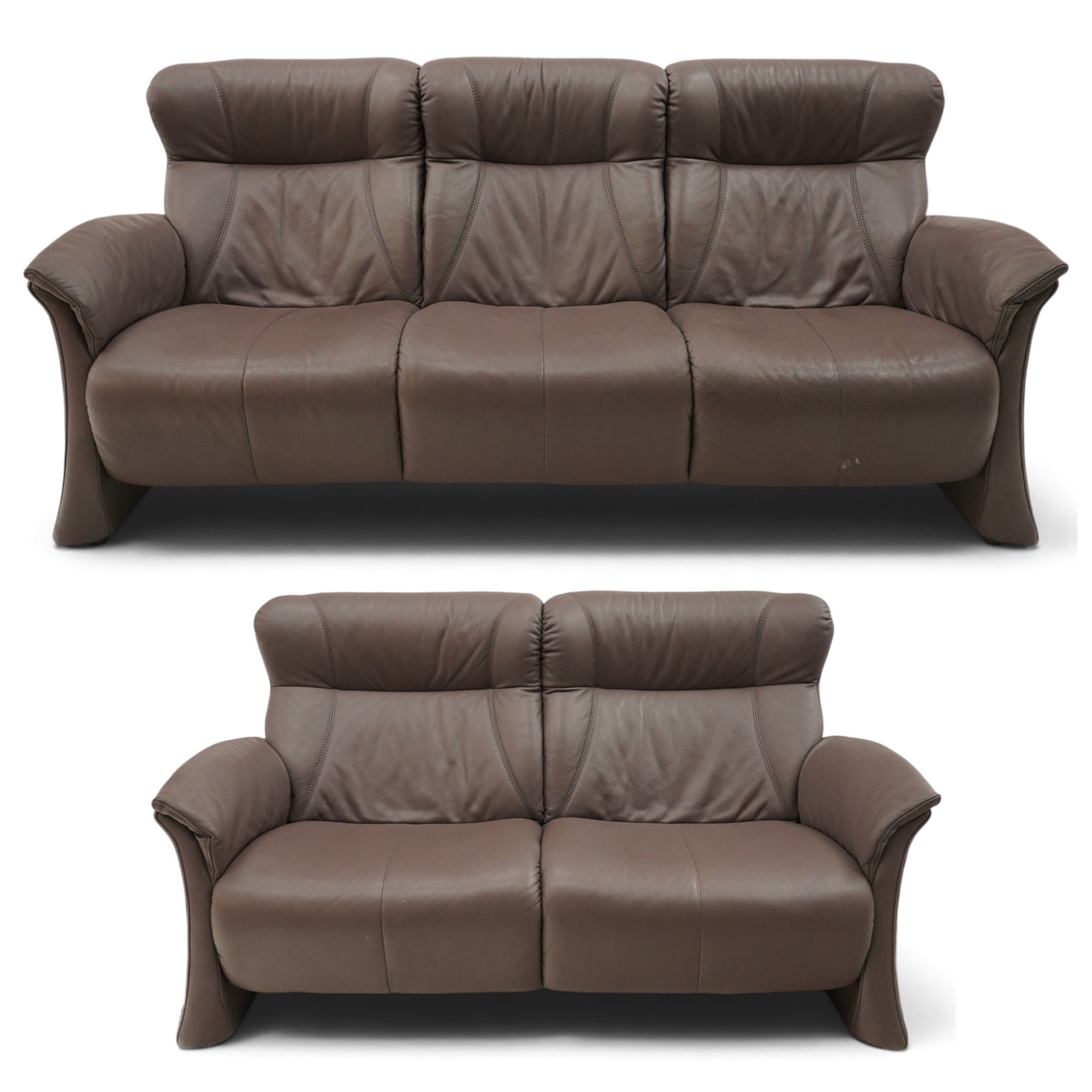 Himolla - ‘Cumuly’ lounge suite upholstered in deep aubergine leather, comprising two-seat sofa with high padded back, shaped arms and panelled upholstery (W 161cm, D 82cm, H 93cm), and three-seat sofa conforming (W 200cm, D 82cm, H 93cm)