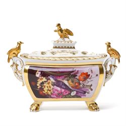 Early 19th century bough pot, hand-painted to each side with birds, modelled with bird lift and two birds perched on handles in gilt, unmarked but in the manner of Coalport, W19cm