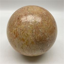 Large pink veined marble sphere, with yellow and grey undertones, D14cm