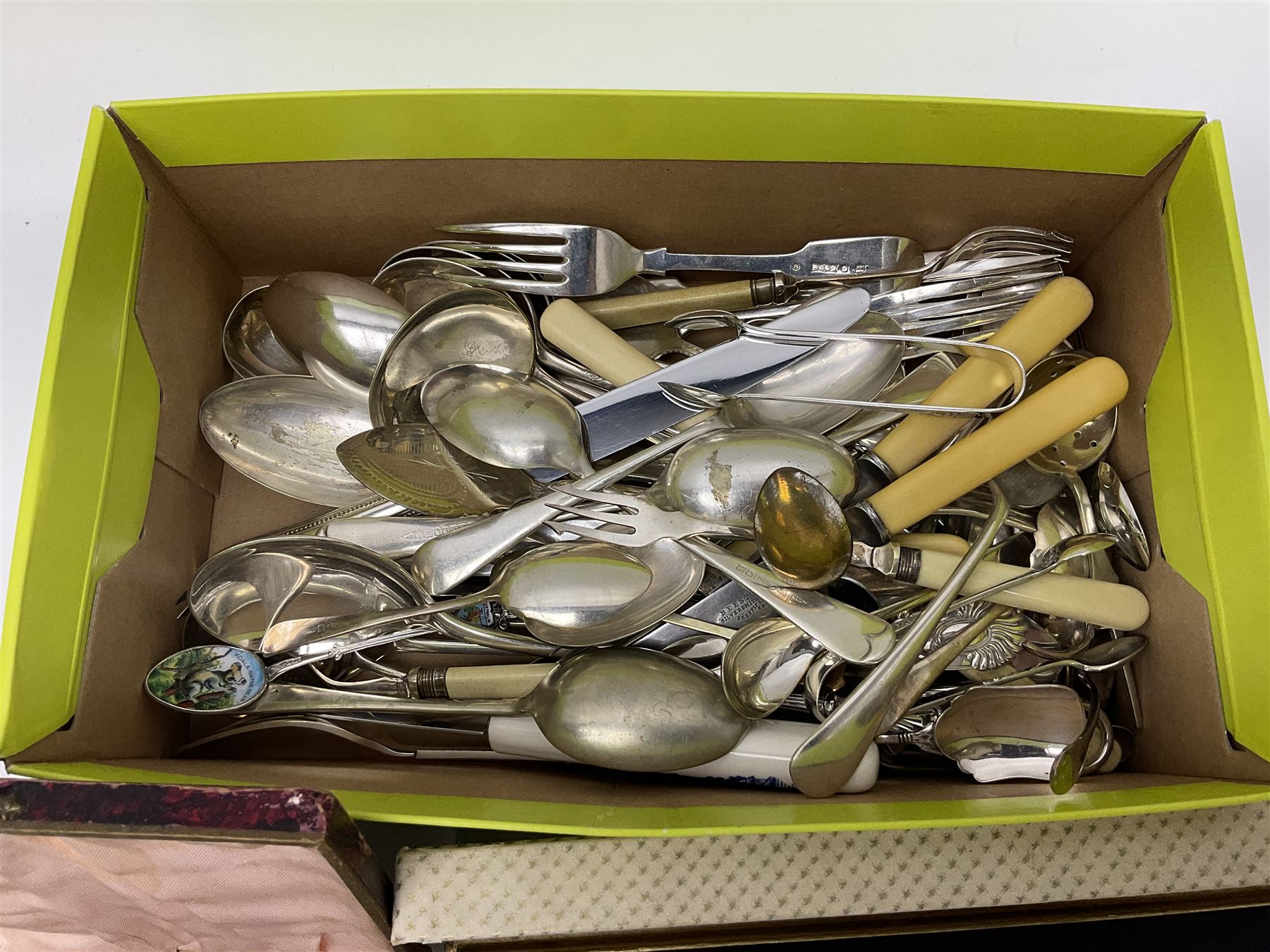 Collection of silver-plated cutlery including cased set of six EPNS cake forks, Royal Crown Derby pie server, sugar tongs, ladles, etc