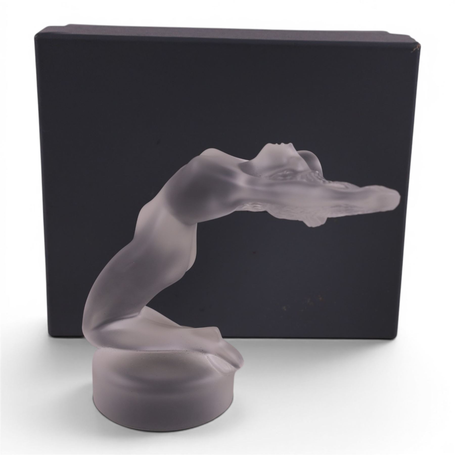 Lalique, Chrysis, frosted glass figure, inspired by the original 1931 car mascot designed by Rene Lalique, engraved Lalique France to base, H12cm
