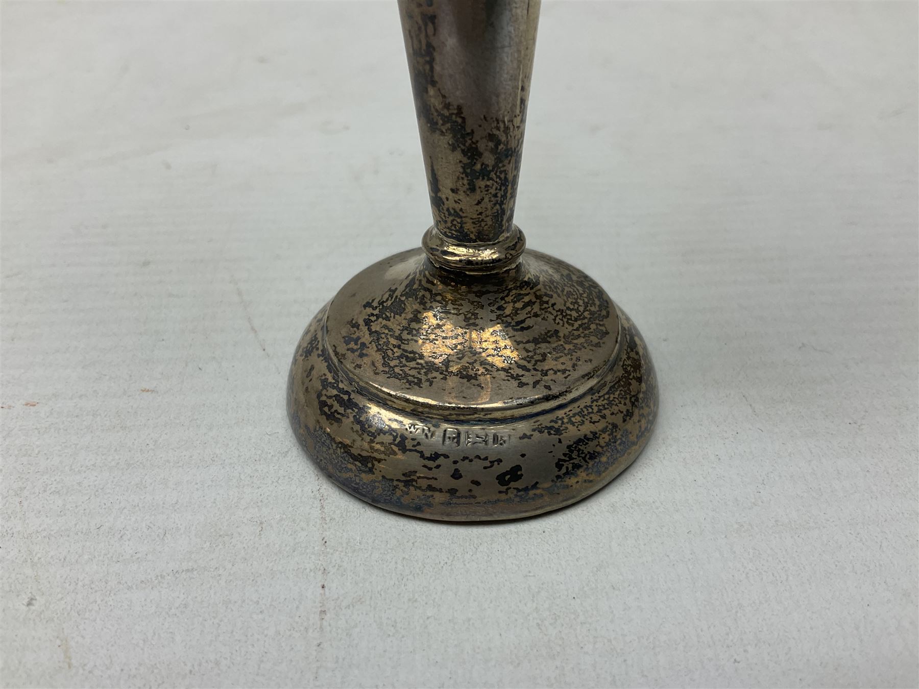 20th century silver specimen vase, of trumpet form with filled base, hallmarked Birmingham, together with a silver tray, hallmarked Chester, weight of tray 28 grams