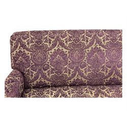 Multi-York - contemporary two-seat sofa, upholstered in damask fabric in shades of burgundy and beige, raised on turned and fluted supports; complete with matching footstool