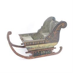 Unusual 18th century small Northern European wooden sled, with curved scroll back, the sides painted with coastal shipping scenes, the interior with removable zinc liner, upon curved irons painted with flower heads, H36cm W56cm D29cm