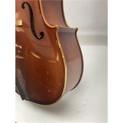 Two student half-size cellos - Boosey & Hawkes Artia with 65cm one-piece back and spruce top; bears maker's label; L104cm overall; and Romanian with 65.5cm two-piece maple back and ribs and spruce top; bears label; L108.5cm overall; each in soft carrying case with two bows (2)