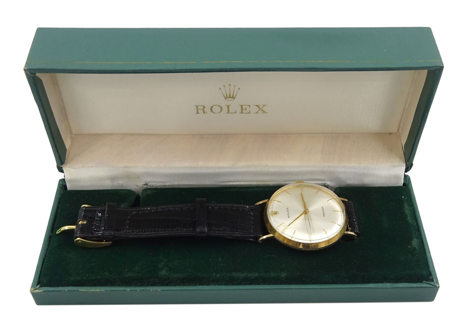 Rolex Precision gentleman's 9ct gold manual wind presentation wristwatch, 17 jewel movement, Cal 1225, silvered dial with baton hour markers, case No. 90150, London 1971, on original leather strap and gilt Rolex buckle, boxed with papers