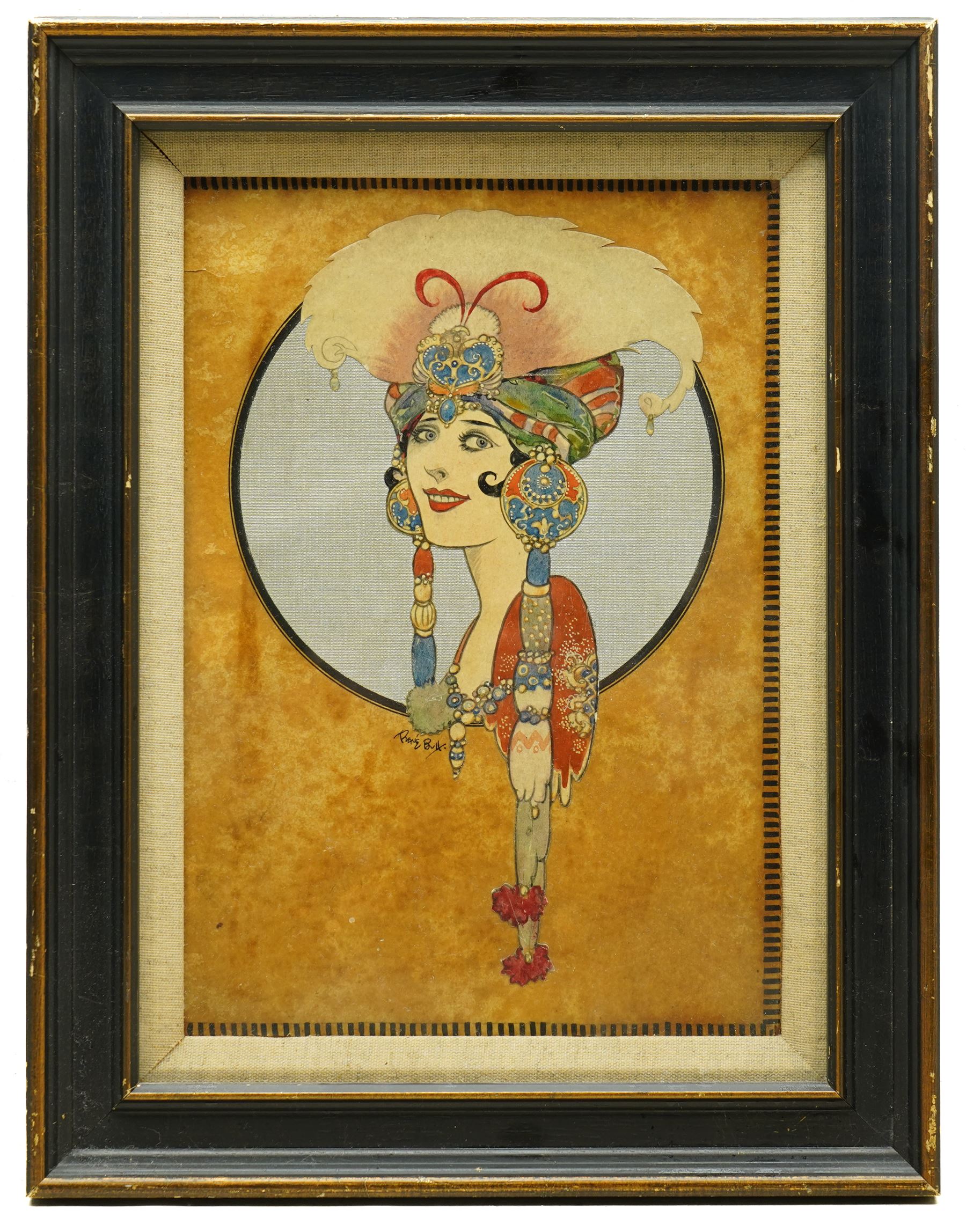 René Bull (Irish 1872-1942): Art Deco Portrait of a Flapper-Girl in Elaborate Headdress, mixed media on velum signed 30cm x 21cm