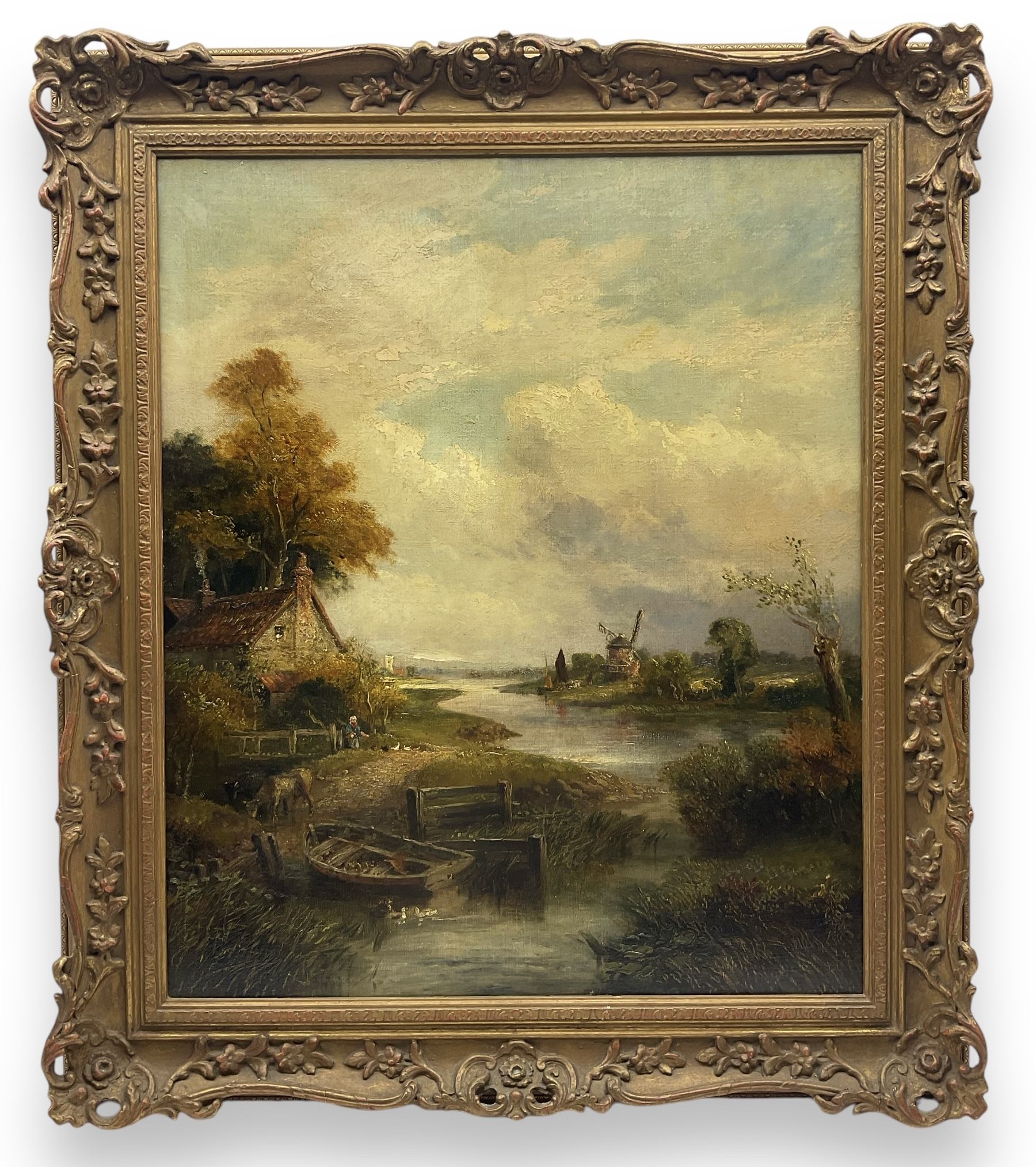 English School (19th/20th Century): Winding Stream and Windmill, oil on canvas unsigned 59cm x 49cm 