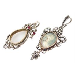 Two 19th century French silver pearl locket pendants, the first set with a pear shaped portrait miniature of a woman in 18th century dress on ivory, within a milled bezel and openwork split and seed pearl surround, the other of similar design with ribbon surmount and set with garnets and seed pearls, both hallmarked. This lot has been registered for sale under Section 10 of the APHA Ivory Act