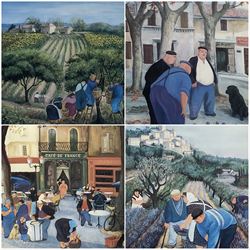 After Margaret Loxton (British 1938-): 'Cafe de France'; 'Lavender Harvest Lacoste'; 'Olives and Sunflowers' and 'Boules Players', set four limited edition colour prints signed titled and numbered /1950 max 26cm x 34cm (4)