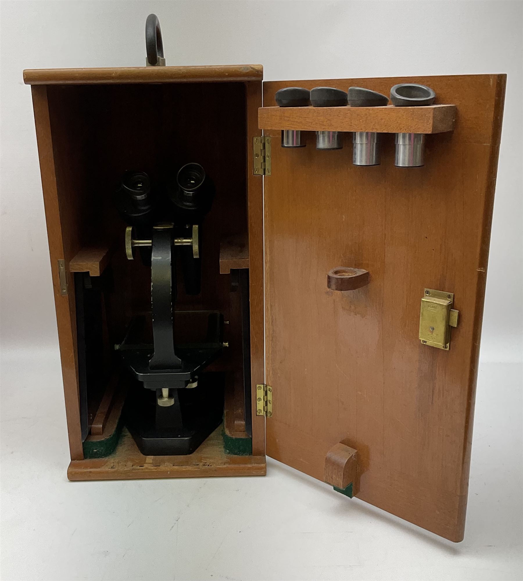 Charles Perry binocular microscope 'Classic No 1', with pitchfork base and rack and pinion focusing, in original fitted mahogany case with additional lenses, H44cm