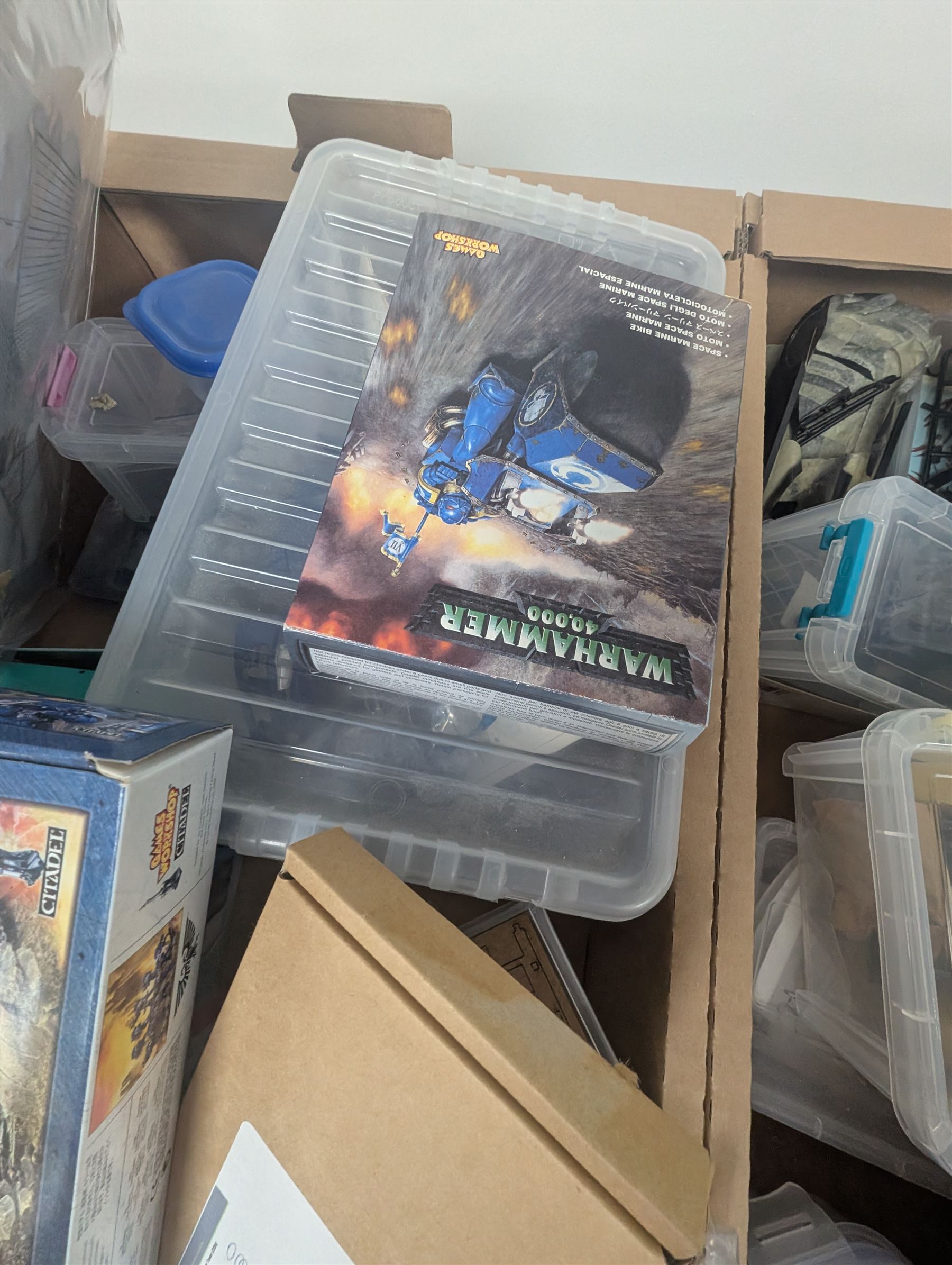 Collection of modelling equipment, kits, accessories, loose lego, including Games Workshop Warhammer 40000, military figures, etc, in four boxes, 