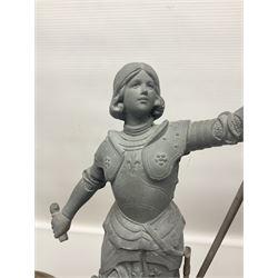 Pair of spelter figures modeled as Cavaliers, together with a spelter figure of Joan of Arc, largest H52cm