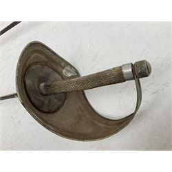 Reproduction Japanese katana with 63cm slightly curving fullered steel blade, ornate tsuba, cord bound grip and gilt transferred black saya L92cm; and two fencing foils, one marked Leon Paul (3)