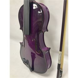 Intermusic 3/4 violin with a violet coloured solid wood body, ebonised fingerboard and fittings, bow and hard case, length 54cm
