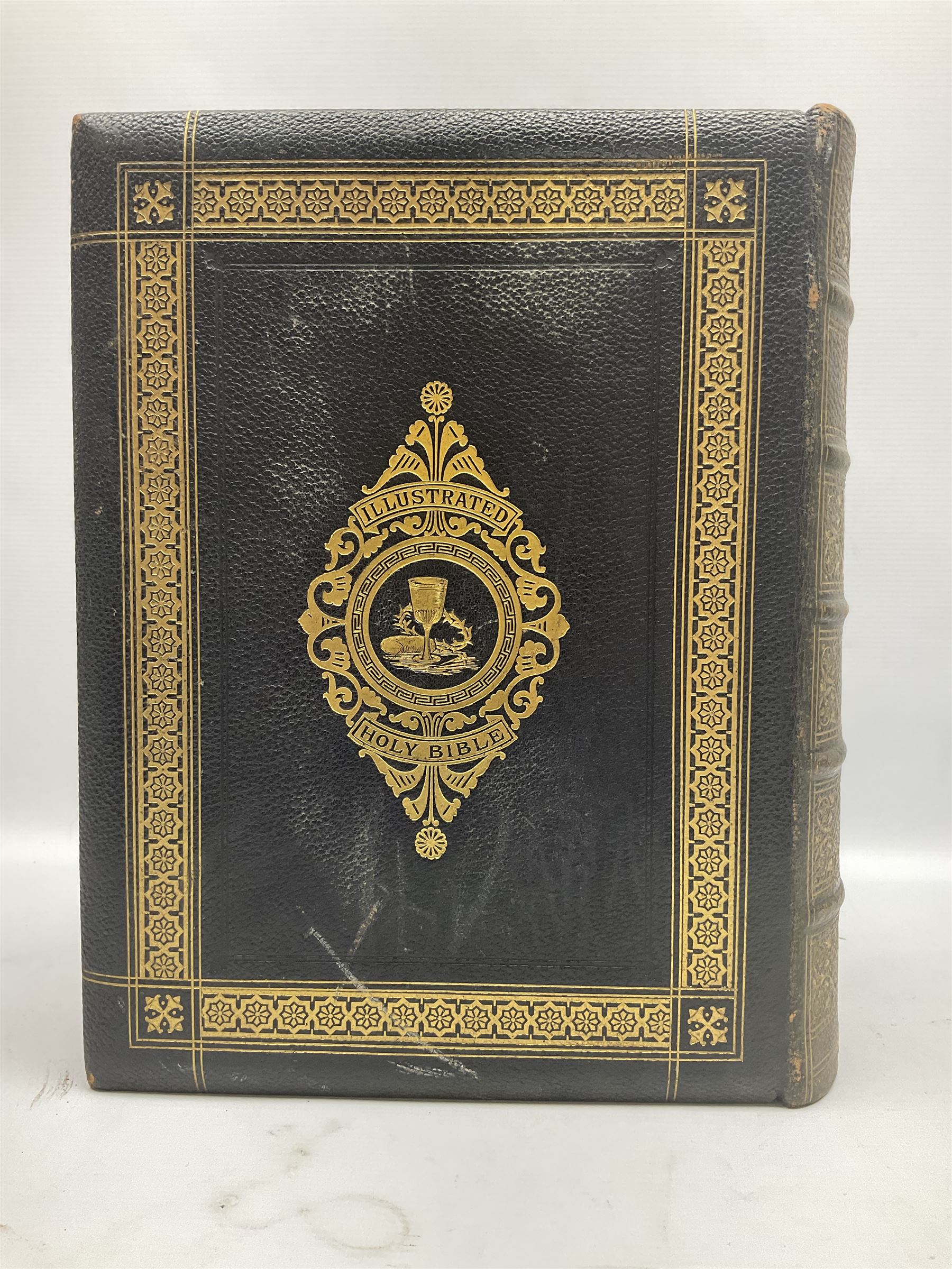 19th century The Illustrated Family Bible with Explanatory Critical & Devotional Commentary, published by  A Fullarton & Co, leather-bound with gilt decoration to cover, with the family register filled in for the Duggleby & Dunn family of Beverley