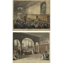 Charles Augustus Pugin (British 1762-1832) and Thomas Rowlandson (British 1757-1827): 'Guildhall' and 'Doctors Commons', pair early 19th century hand-coloured lithographs 22cm x 27cm
