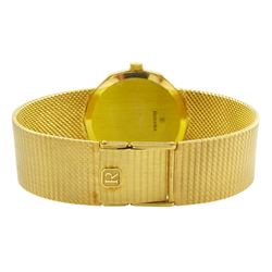 Royama gentleman's 18ct gold manual wind wristwatch, blue dial, with baton hour markers and Saudi Arabian coat of arms, Helvetia hallmark, on integral 18ct gold bracelet, stamped 750