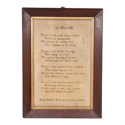 19th century needlework Quaker sampler, by Ellen Amelia Reynols Croydon School, worked with On Prayer, within an oak frame, H38cm, D28cm