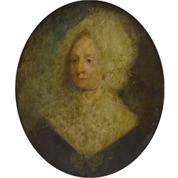  English School (19th century): Bust Portrait of a Lady with White Collar, oval oil on tin plate unsigned 25cm x 21cm  