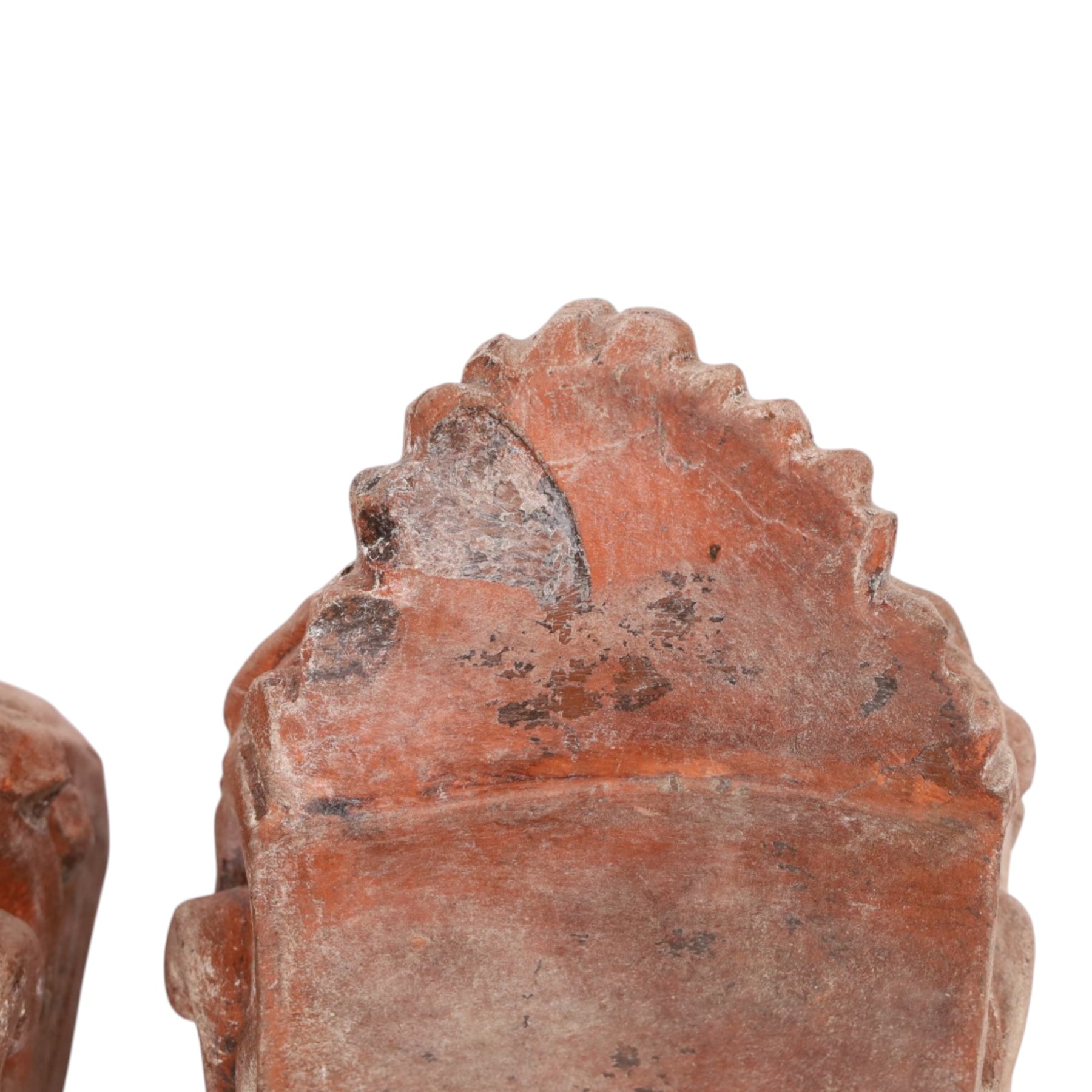 Pair of 19th century terracotta lion sash window rests, H18cm, L22cm