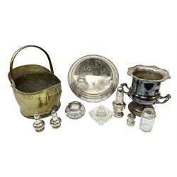 Viners twin handled silver-plate wine cooler of urn form, H24cm, together with brass coal scuttle with swing arm and circular dish with pierced gallery, together with other silver plate etc to include shakers