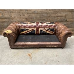 Chesterfield two sofa upholstered in brown leather, with Union Jack pattern, no seat cushions - located in storage, viewing not available
