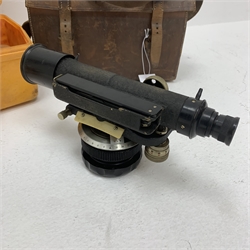 Carl Zeiss Theo 015B orange painted theodolite serial no.251267 in fitted case with accessories; E.R. Watts & Sons London level with black crackled body, serial no.1888, in calf leather carrying case; wooden folding tripod and telescopic measuring staff (4)