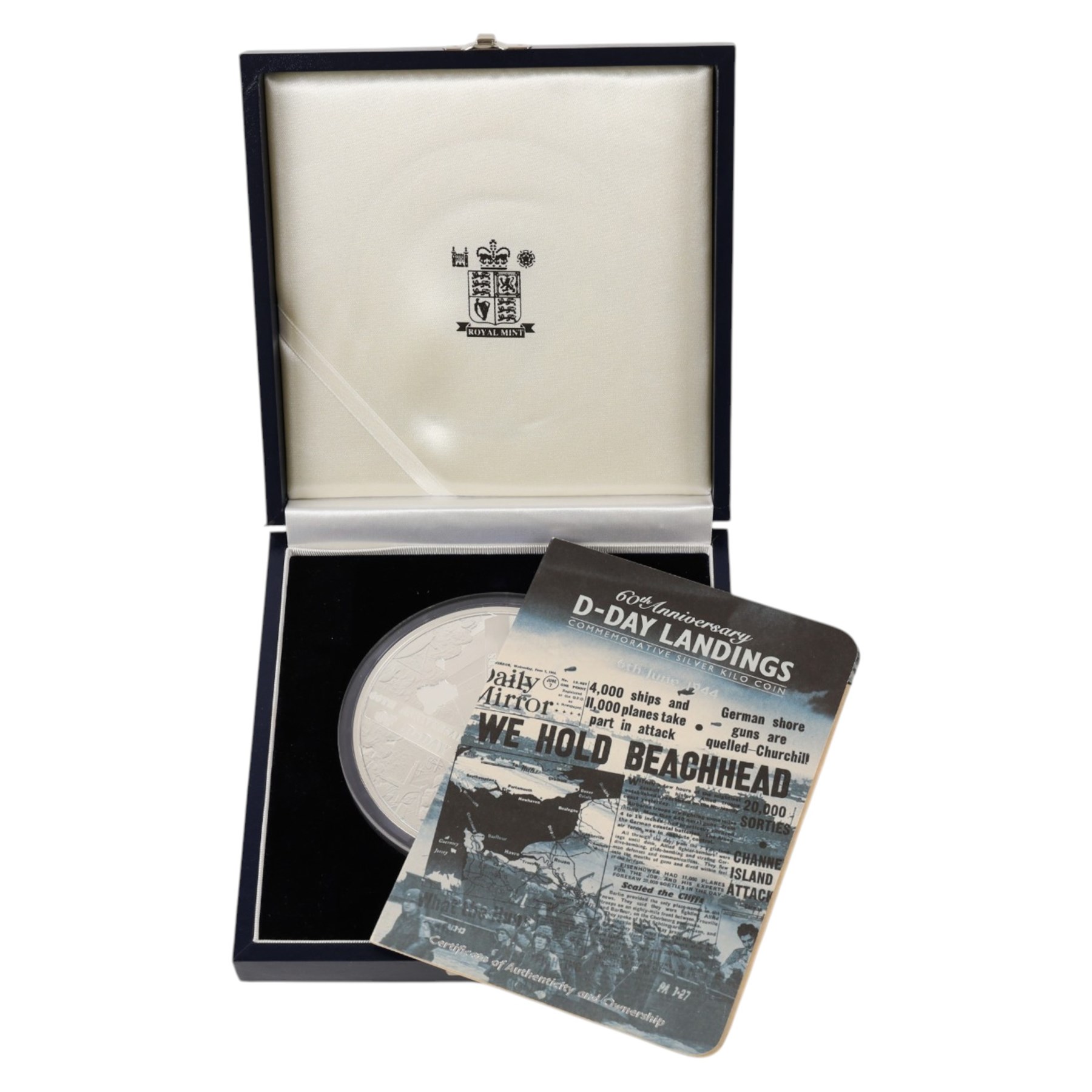 The Royal Mint Alderney 2004 '60th Anniversary of D-Day' one kilogram fine silver fifty pound coin, cased with certificate